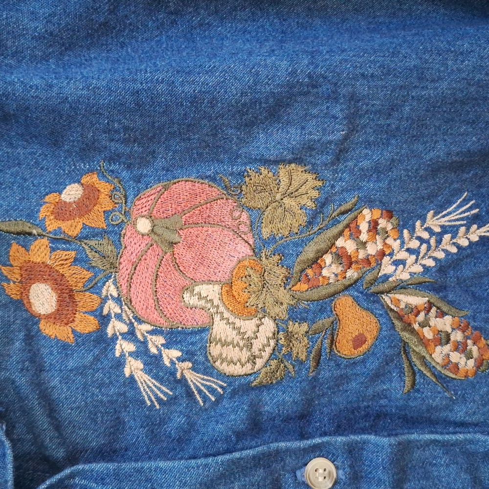 Maggie & Max Fall Embroidered Denim Button-Up Shirt. Size Large - Picture 3 of 8